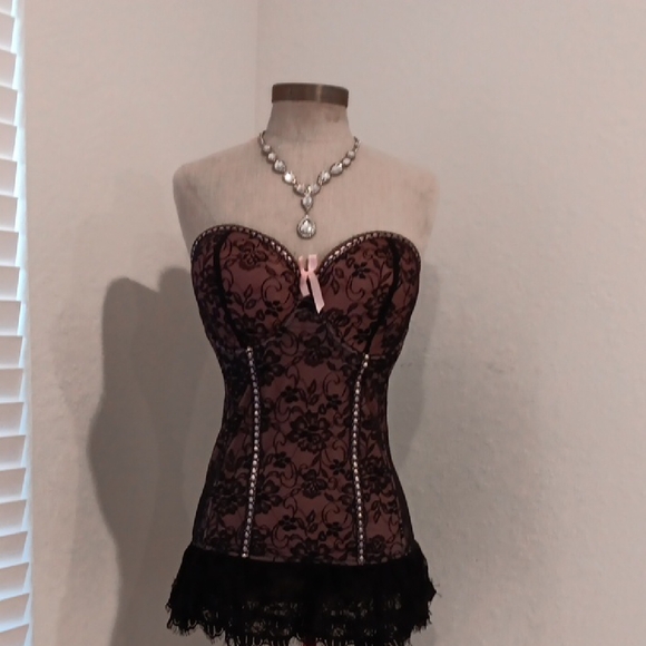 Seven Til Midnight Other - Chic Pink and Black Lace Bustier